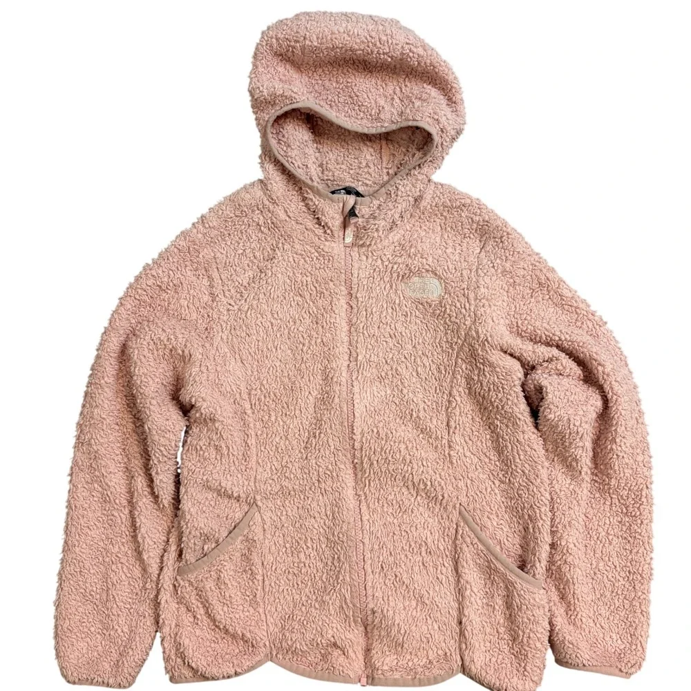 The North Face Girls Pink Oso Hooded Fuzzy Fleece Jacket Full Zip Size L 14/16